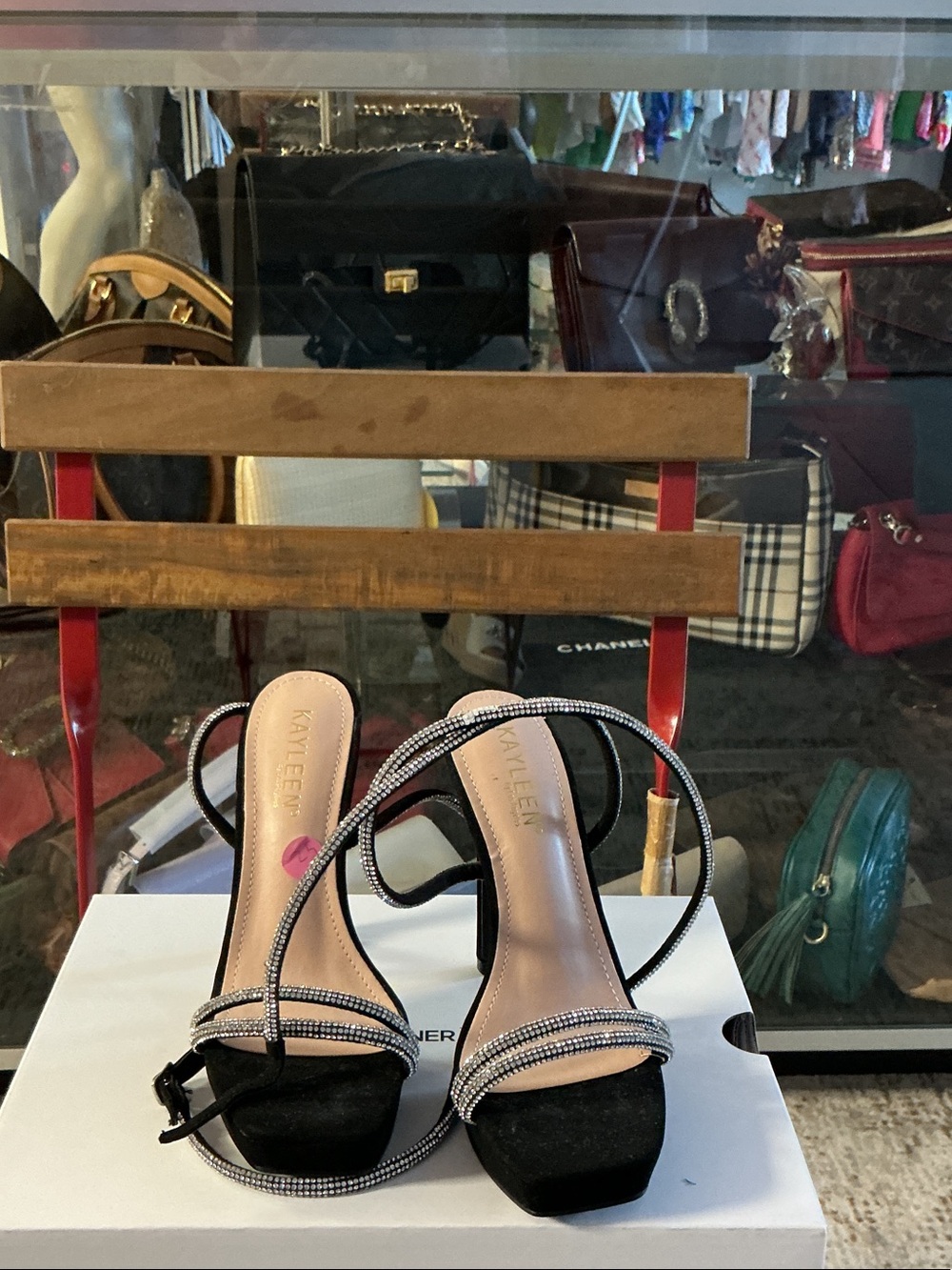 Karl Lagerfeld Black Strappy Rhinestone Heel Sandals